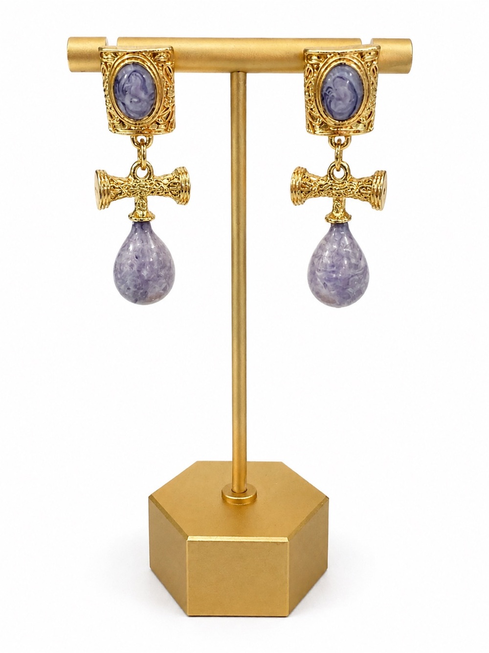 Gold Tone Lavender Marbled Statement Drop Earrings Purple Teardrop New